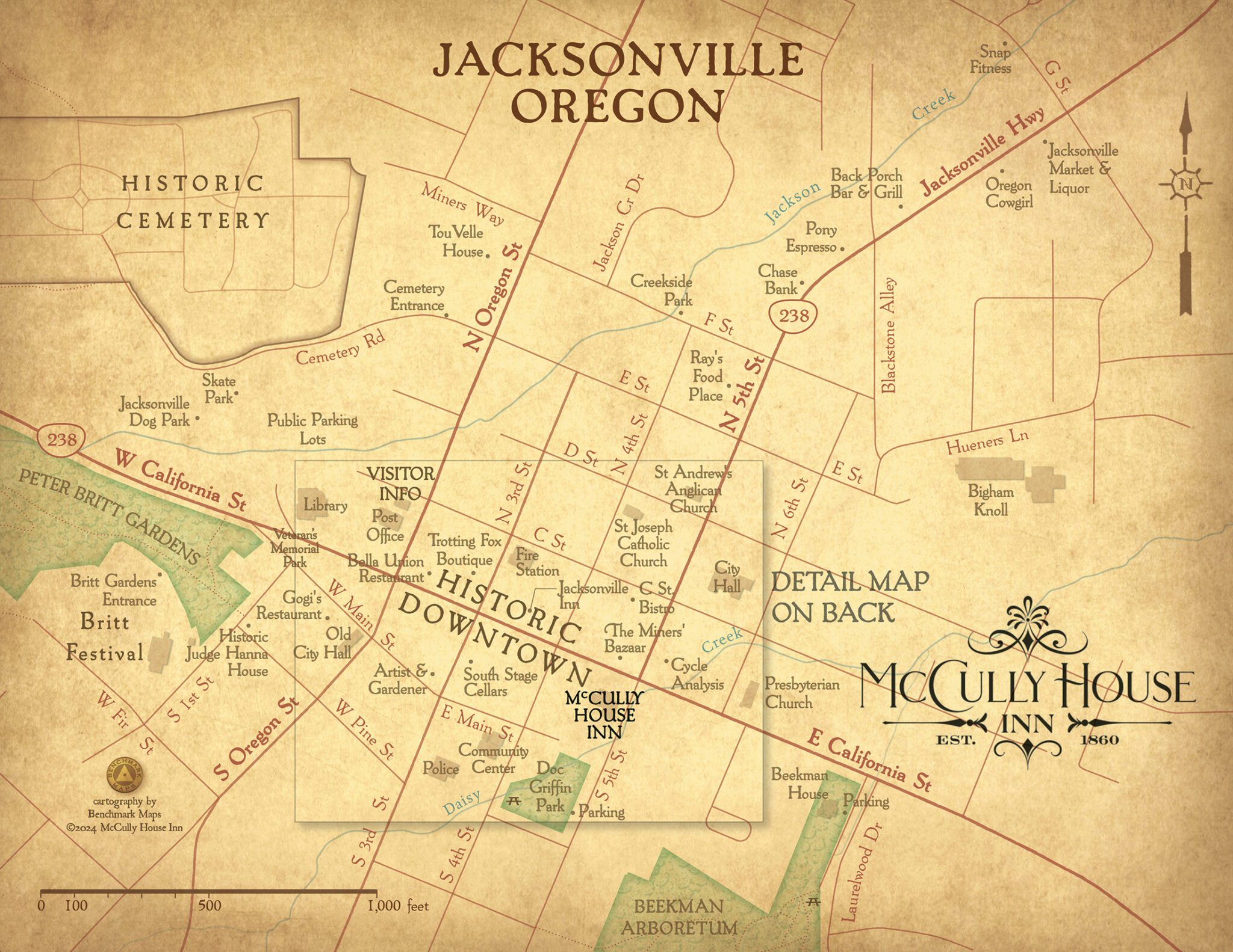 Jacksonville, Oregon map on rustic brown paper with clear road lines