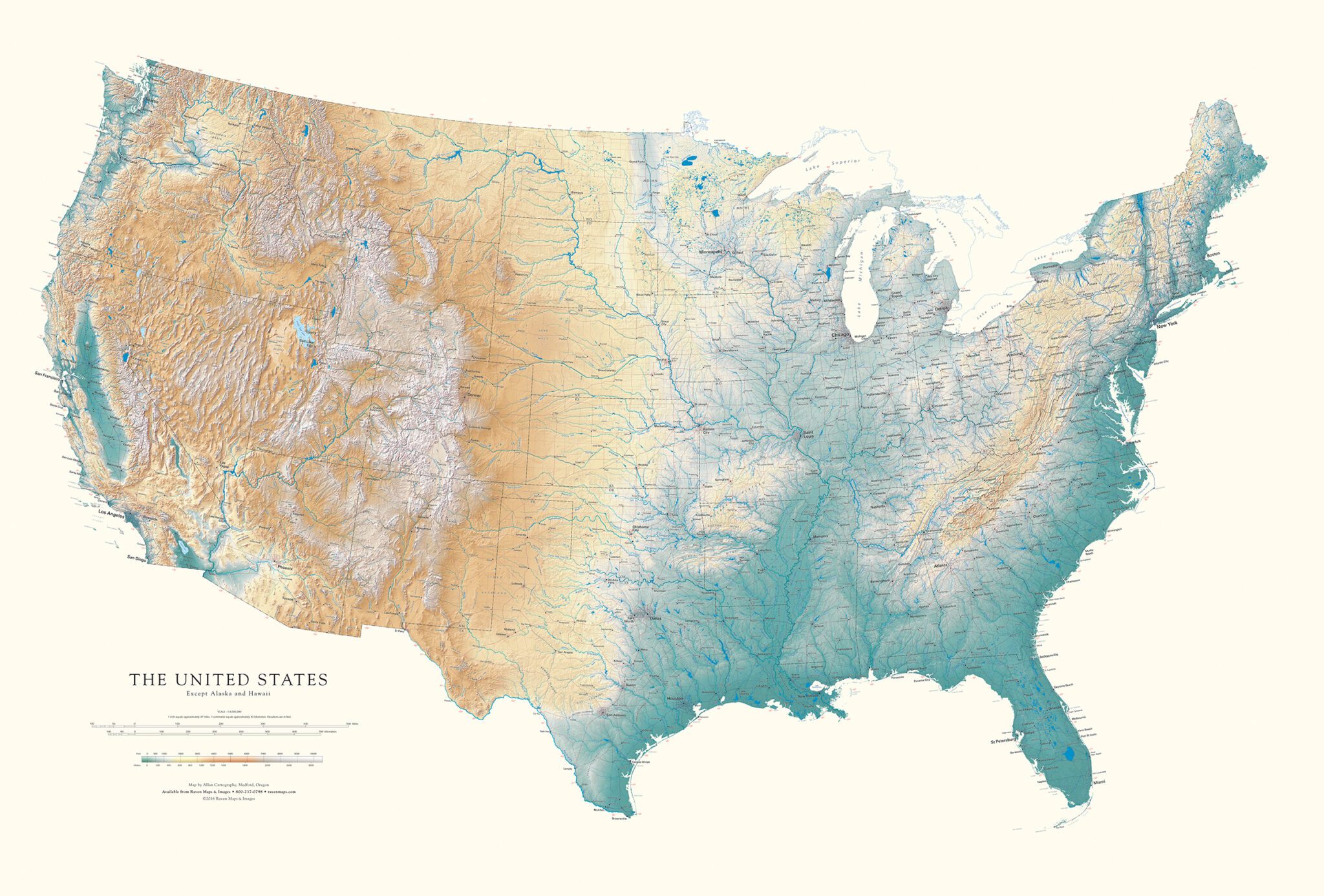 Map of the United States displaying terrain