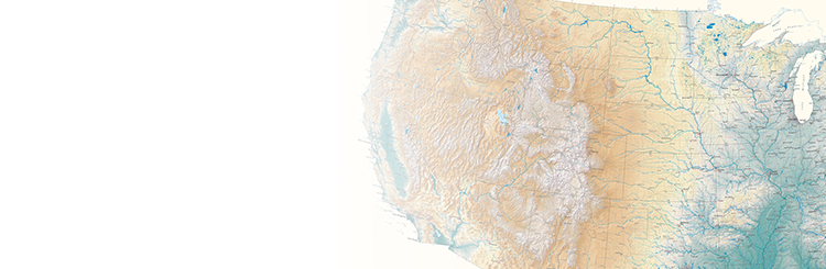 Wall art map of the United States featuring mountain elevations, bodies of water, and city names.