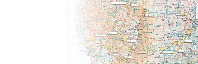Wall art map of the United States featuring mountain elevations, bodies of water, and city names.