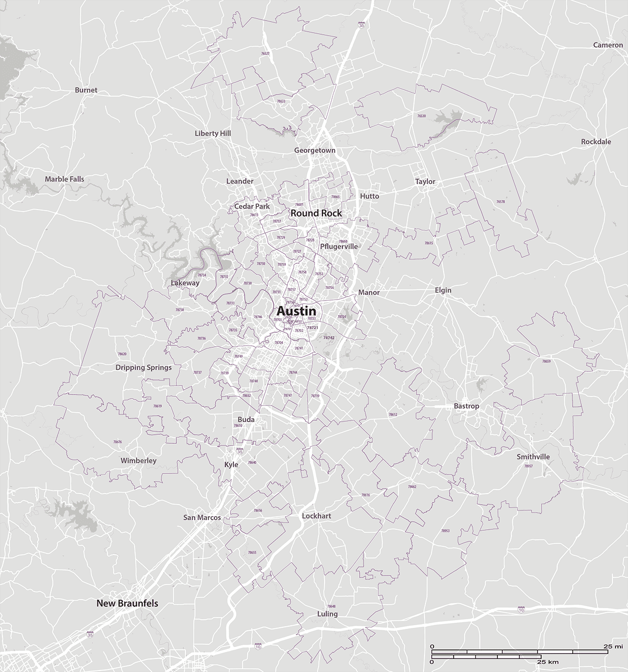 Austin map with outlined zip codes