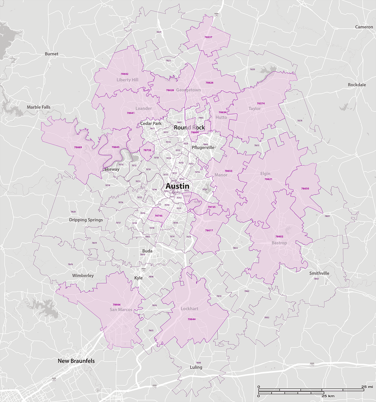 Austin map with target zip codes colored