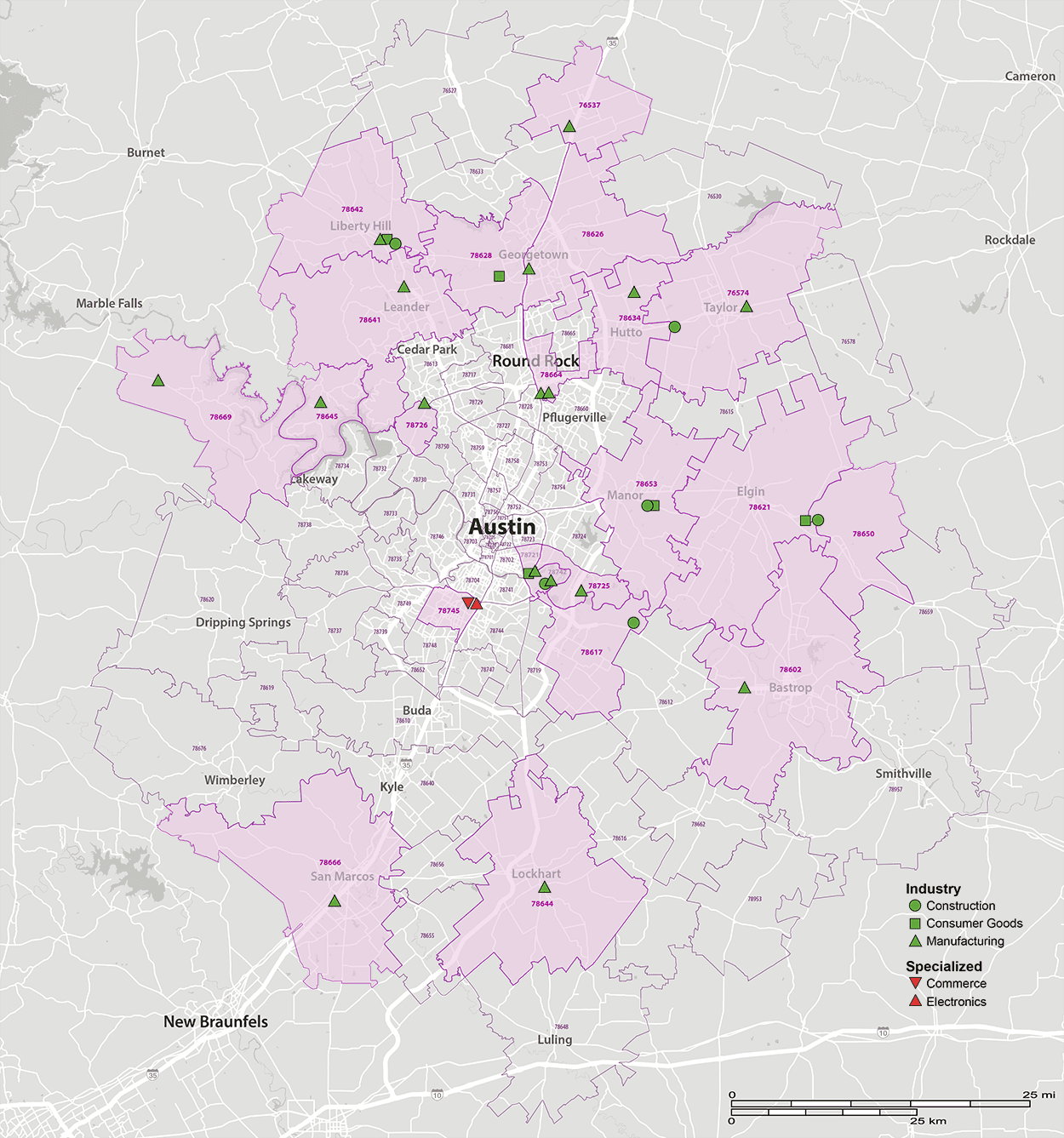 Austin Map with colored zip codes and points of interest