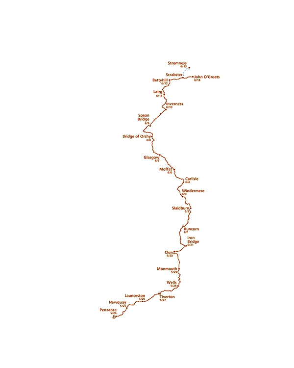Bike tour path through the United Kingdom