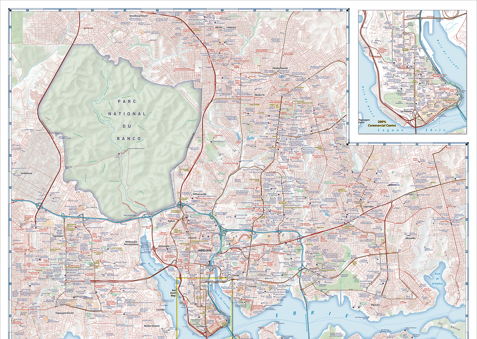 Map of city streets with green national parks areas and fine red road lines