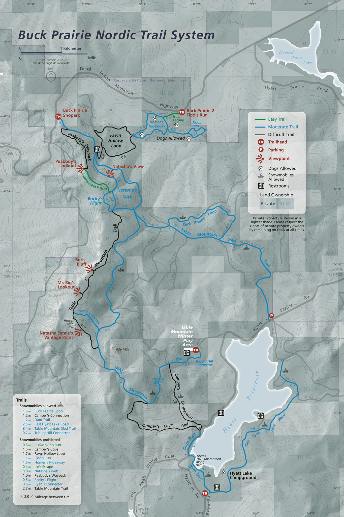 Buck Prairie Nordic Trail System displayed in shades of grey with blue, black and green trails with significant points of interest. 