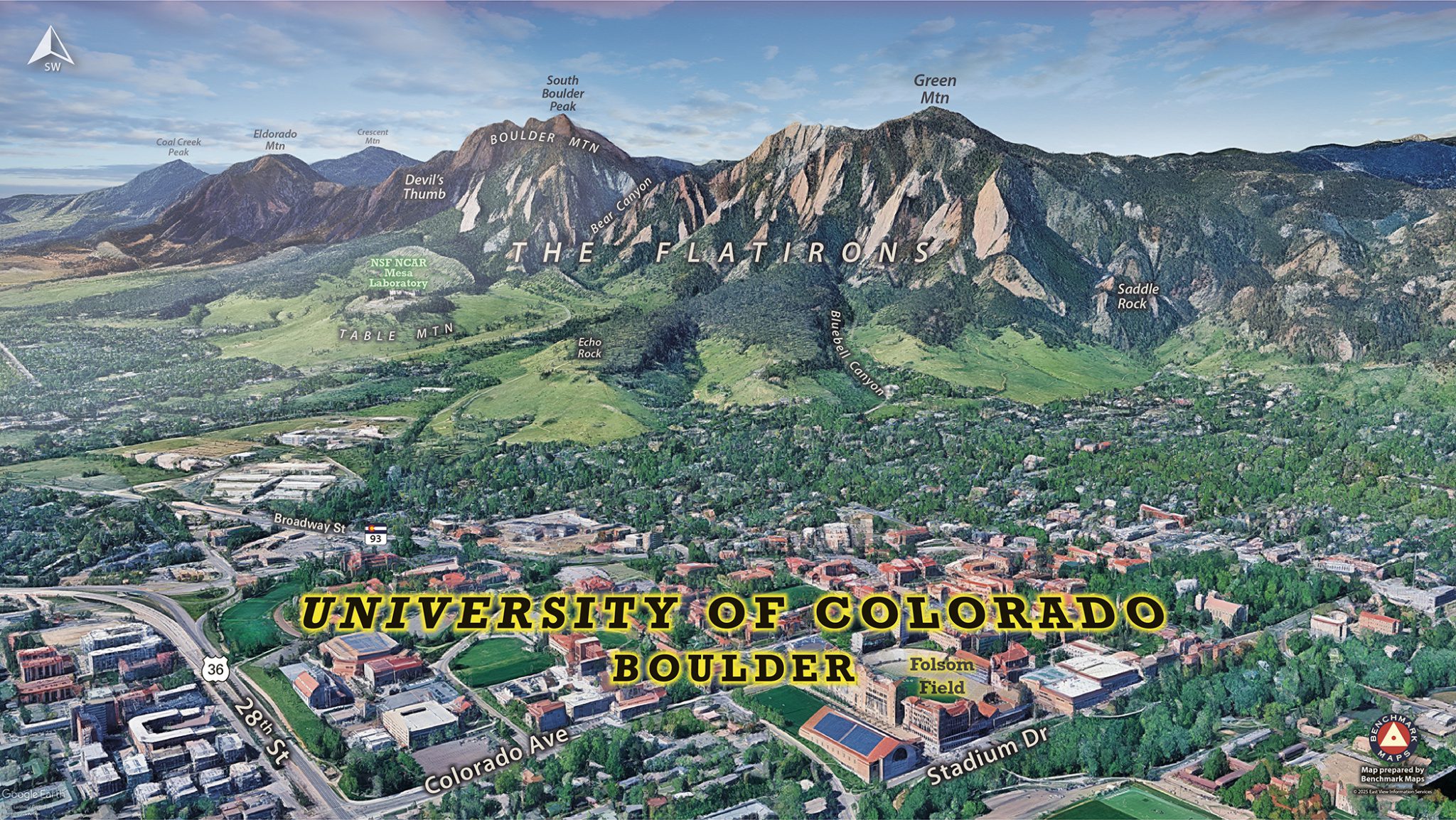 Aerial view of University of Colorado, Boulder with flatirons and illustrative style applied  