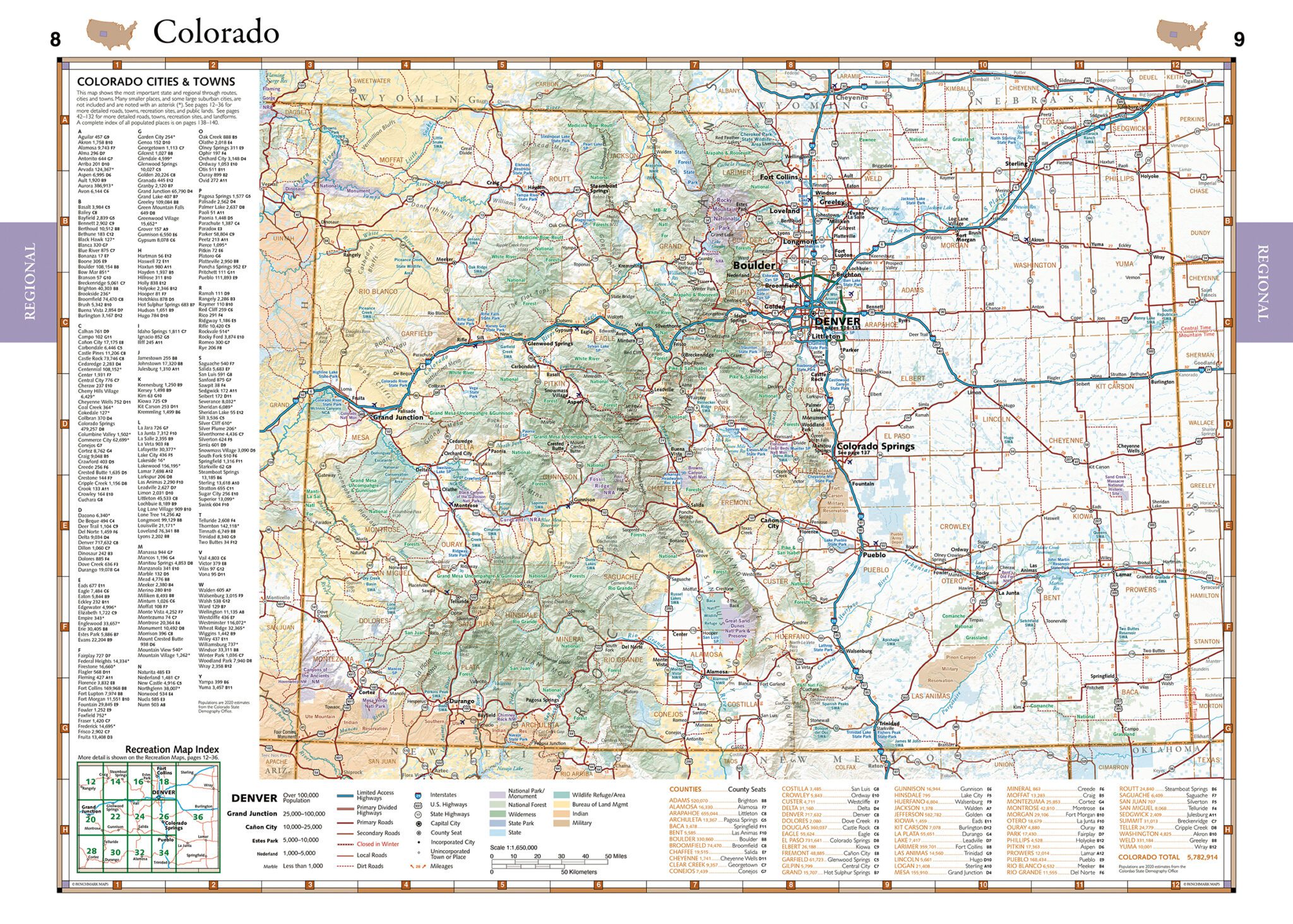 Colorado Recreation Map with listed cities and towns along with different road classes 