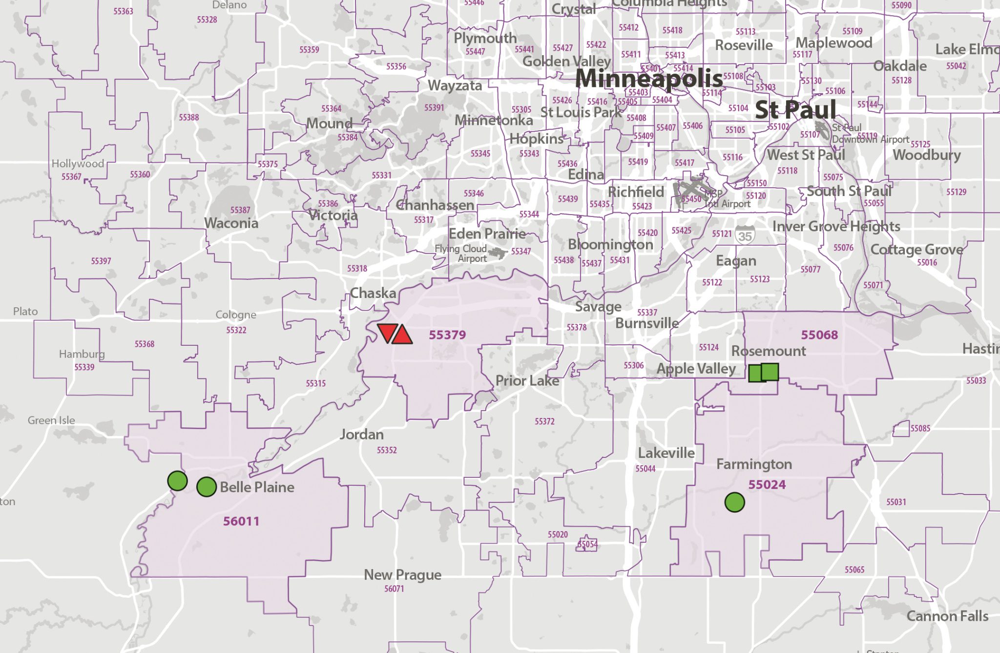 Zip Code map of Minneapolis with highlighted zip codes and points of interest