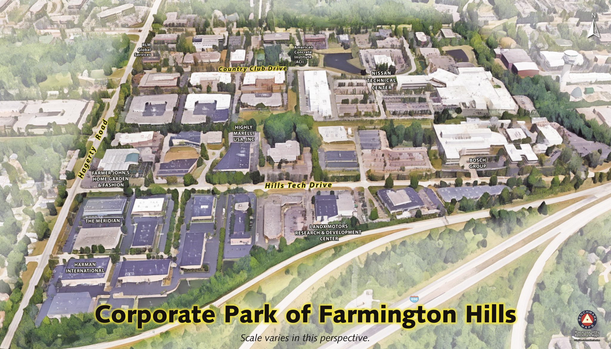 aerial view of a corporate park with labeled roads in an illustrative style 