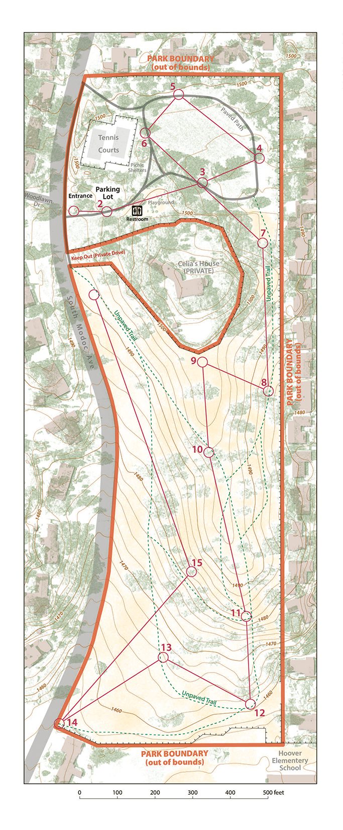 Holmes Park Orienteering map with sixteen stops and contour elevations