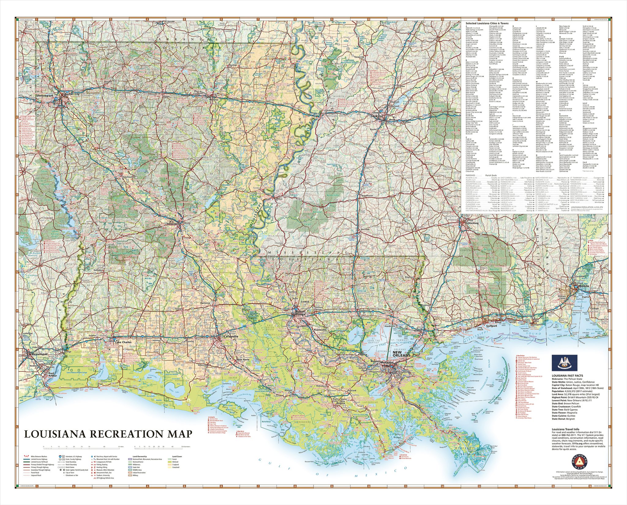 Recreation map of Louisiana with road and town detail