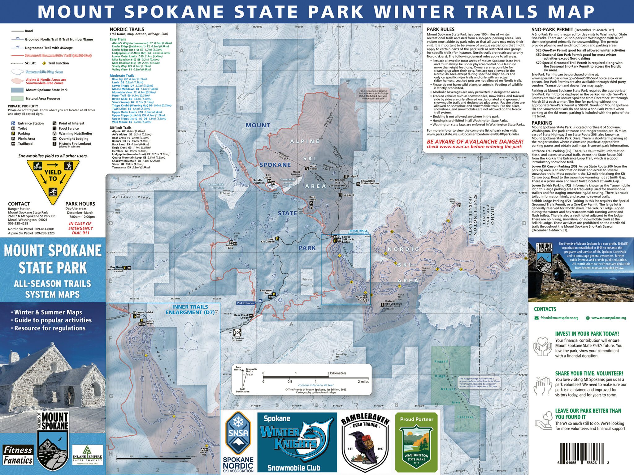 Mount Spokane State Park Map with in varius shades of blue and red to represent winter