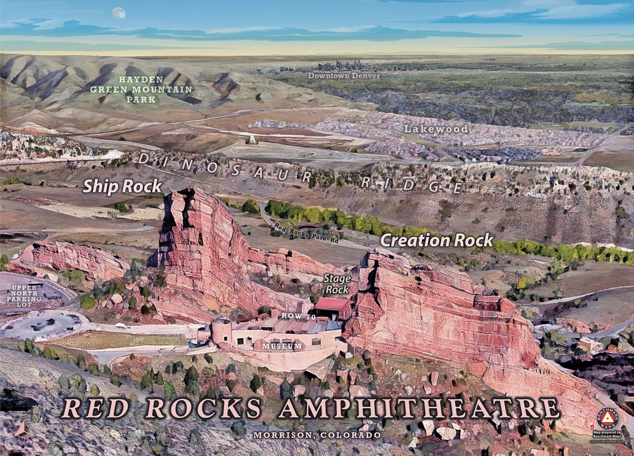 Rocks Amphitheatre from an aerial view in an artistic style overlaying the imagery