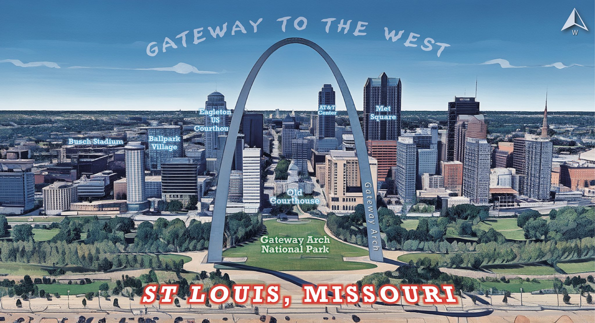 St Louis, Missouri viewed through the Gateway Arch with notable buildings labeled