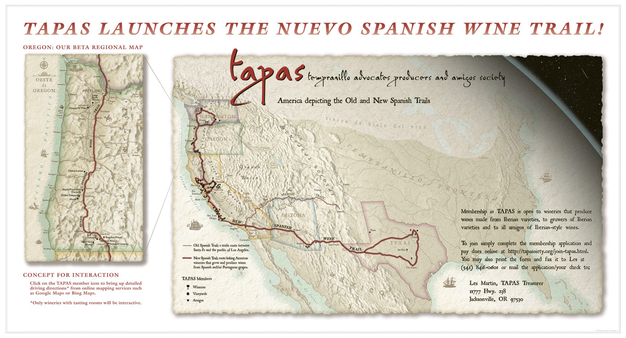 Nuevo Spanish Wine Trail with an oblique view of the United states with an insert of just Washington and Oregon 