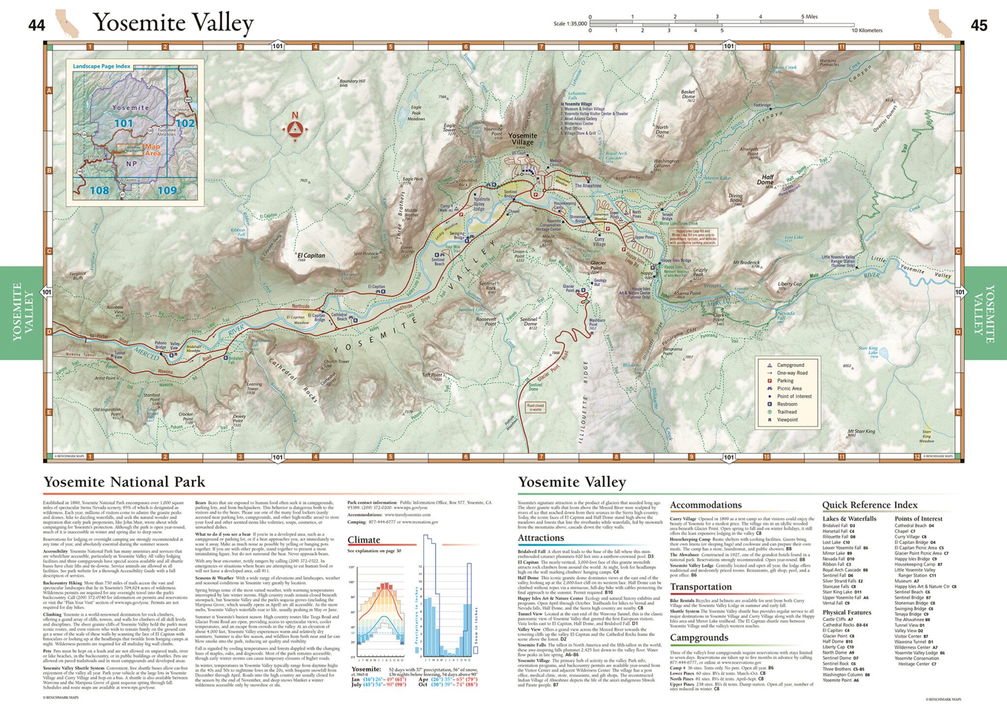 Yosemite Valley Trail map with trails in red, valuable landmarks, and climate information. 