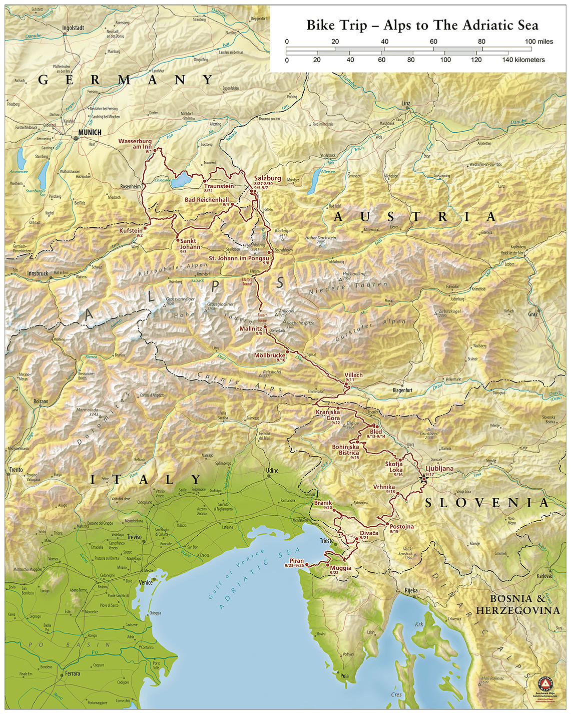 Map showing a long bike route with stops in red