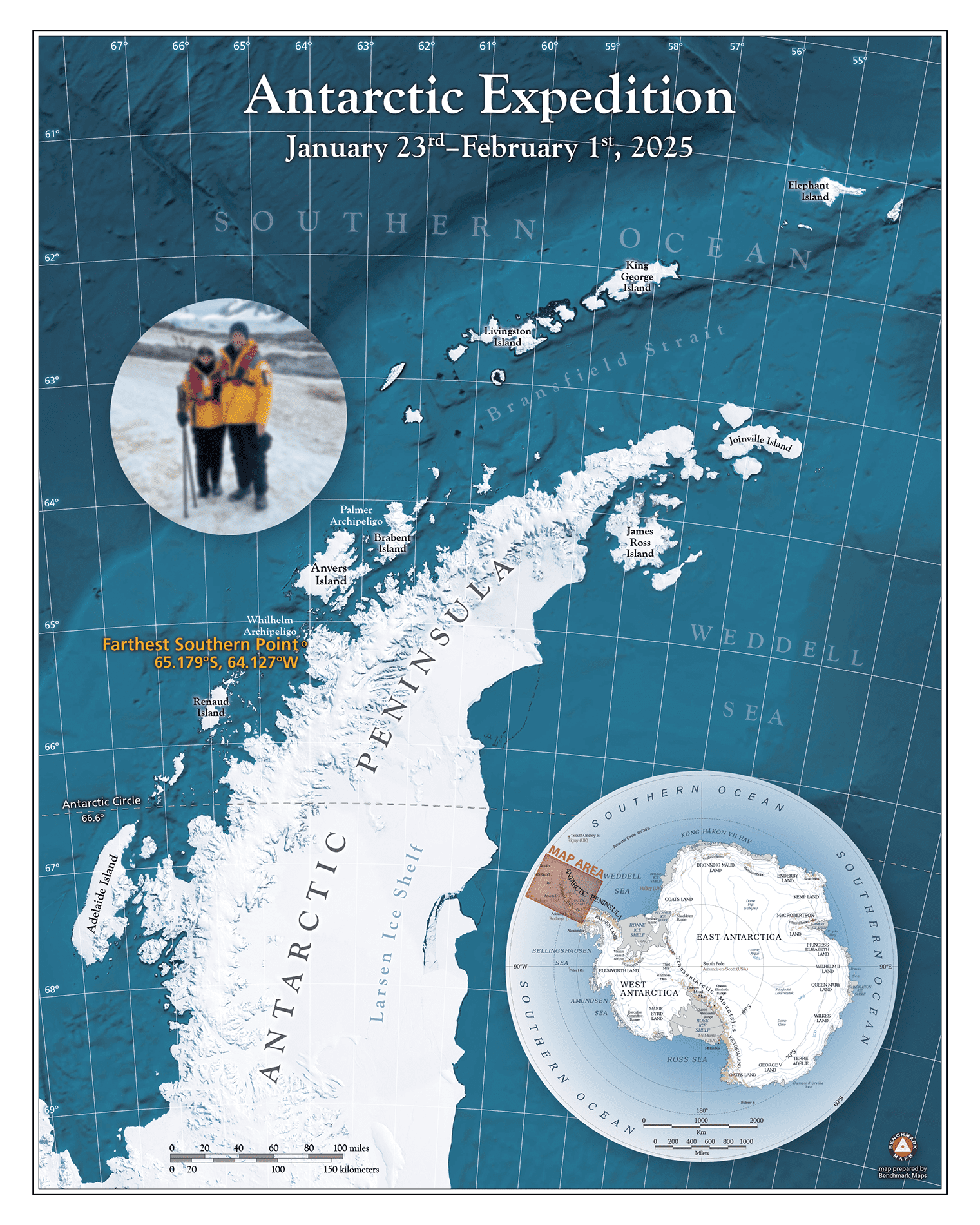 Map showing a trek through the Antarctic with an inset of the entire Antarctic and  an image of participants