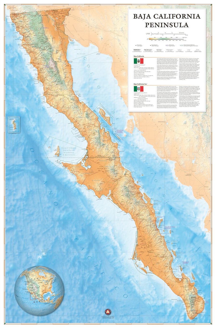 Map of Baja where it displays detailed bathometry and concise landforms 