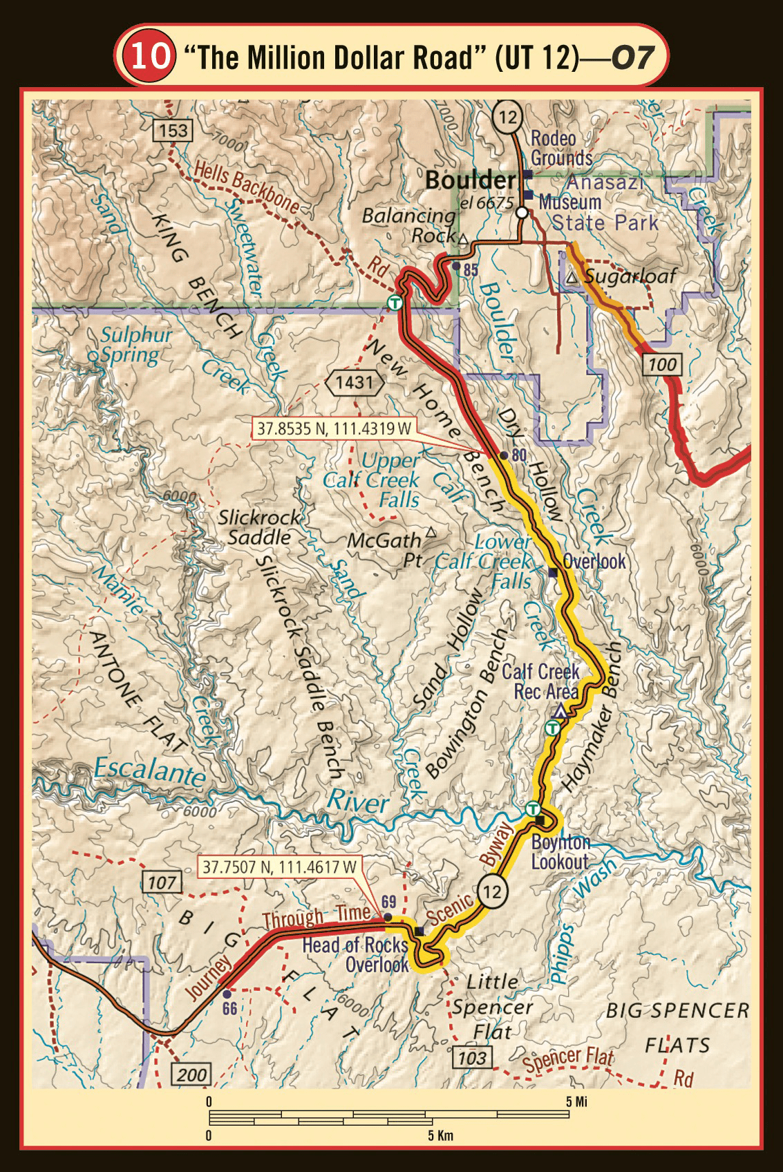Route highlighted in different colors showing route through mountains