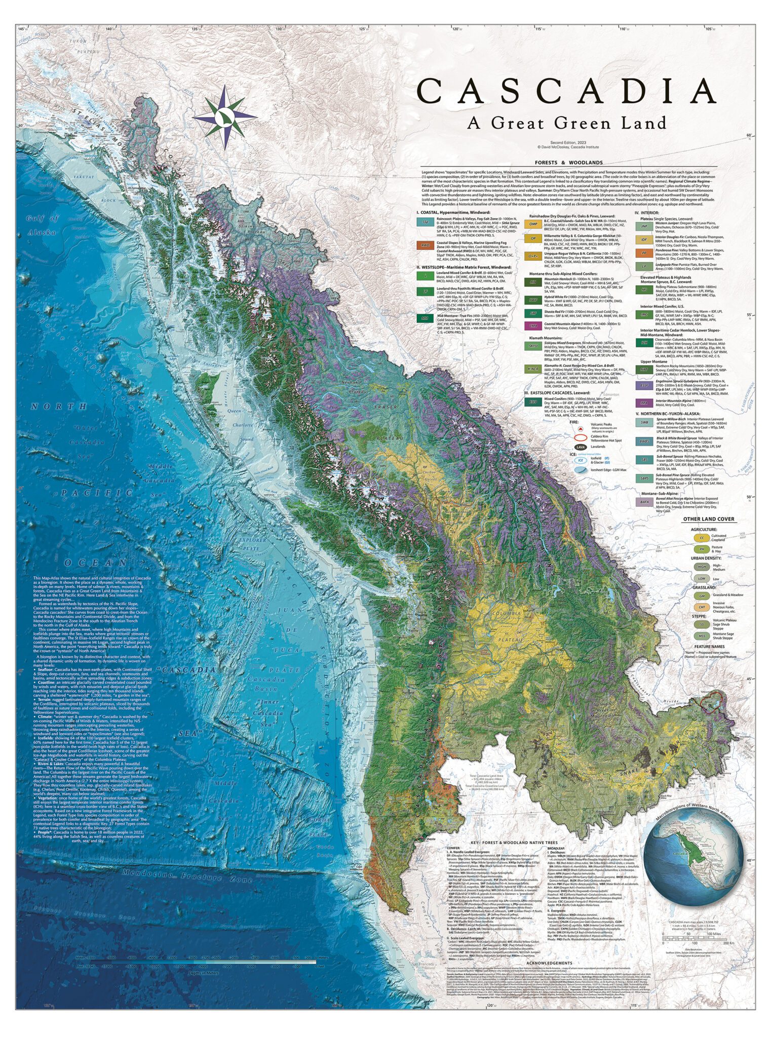 Map of Cascadia with landforms in beautiful shades of green to purple