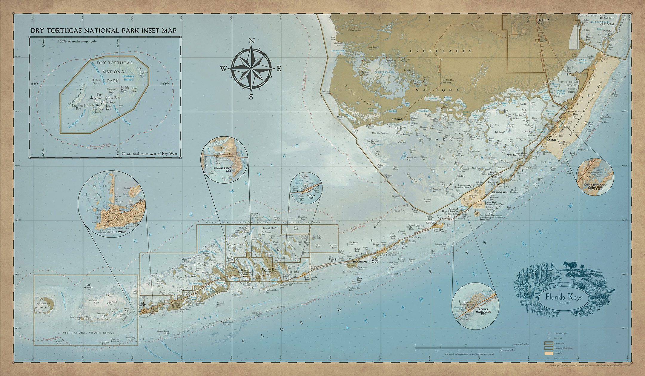 Antique map of Florida Keys with a aged look and inserts of key areas