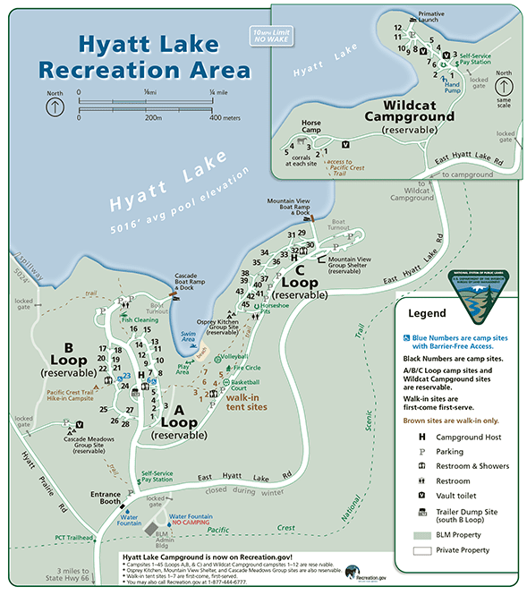 Park map showing walking loops and location of campgrounds