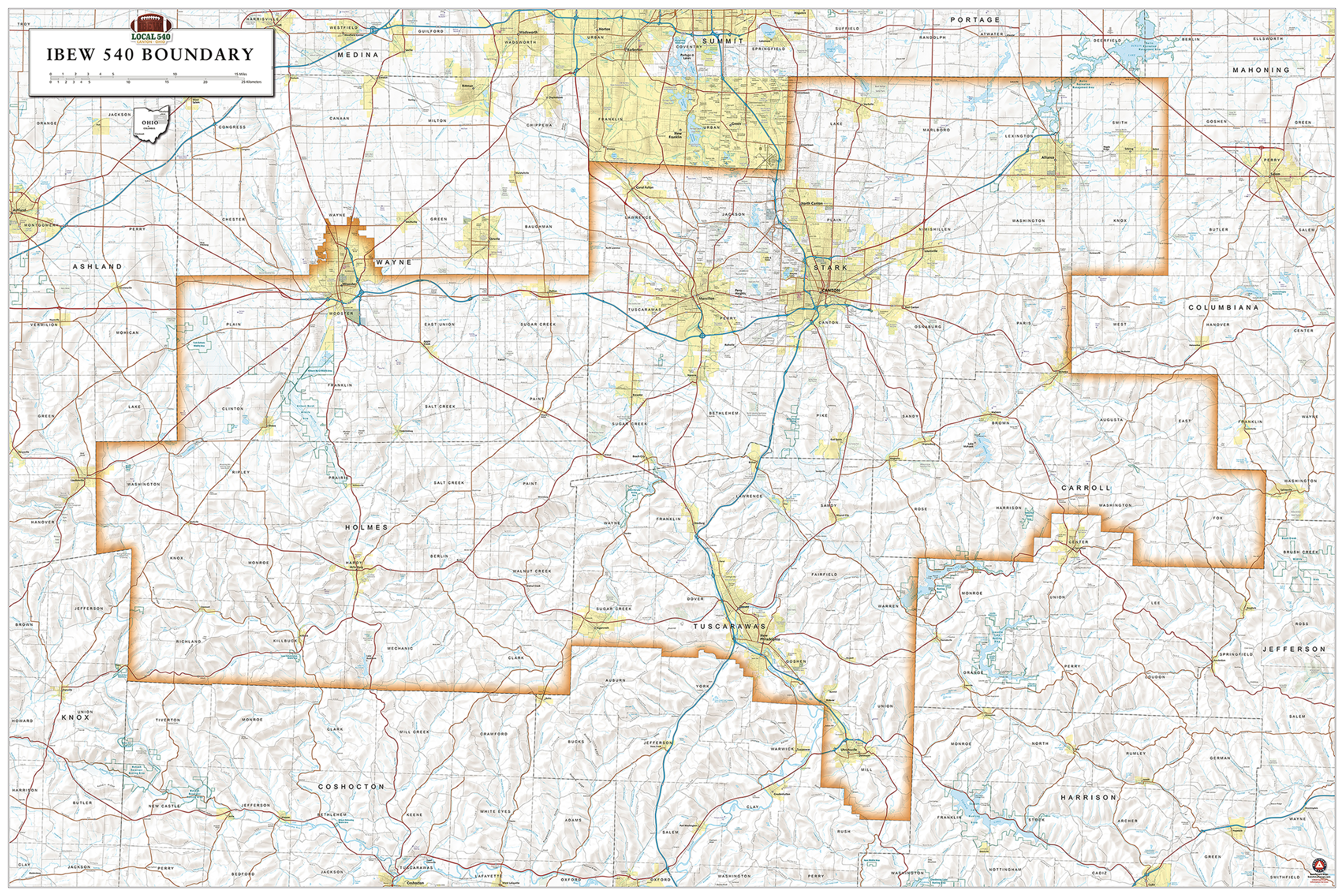 Map showing boundary in gradient orange of  IBEW 540