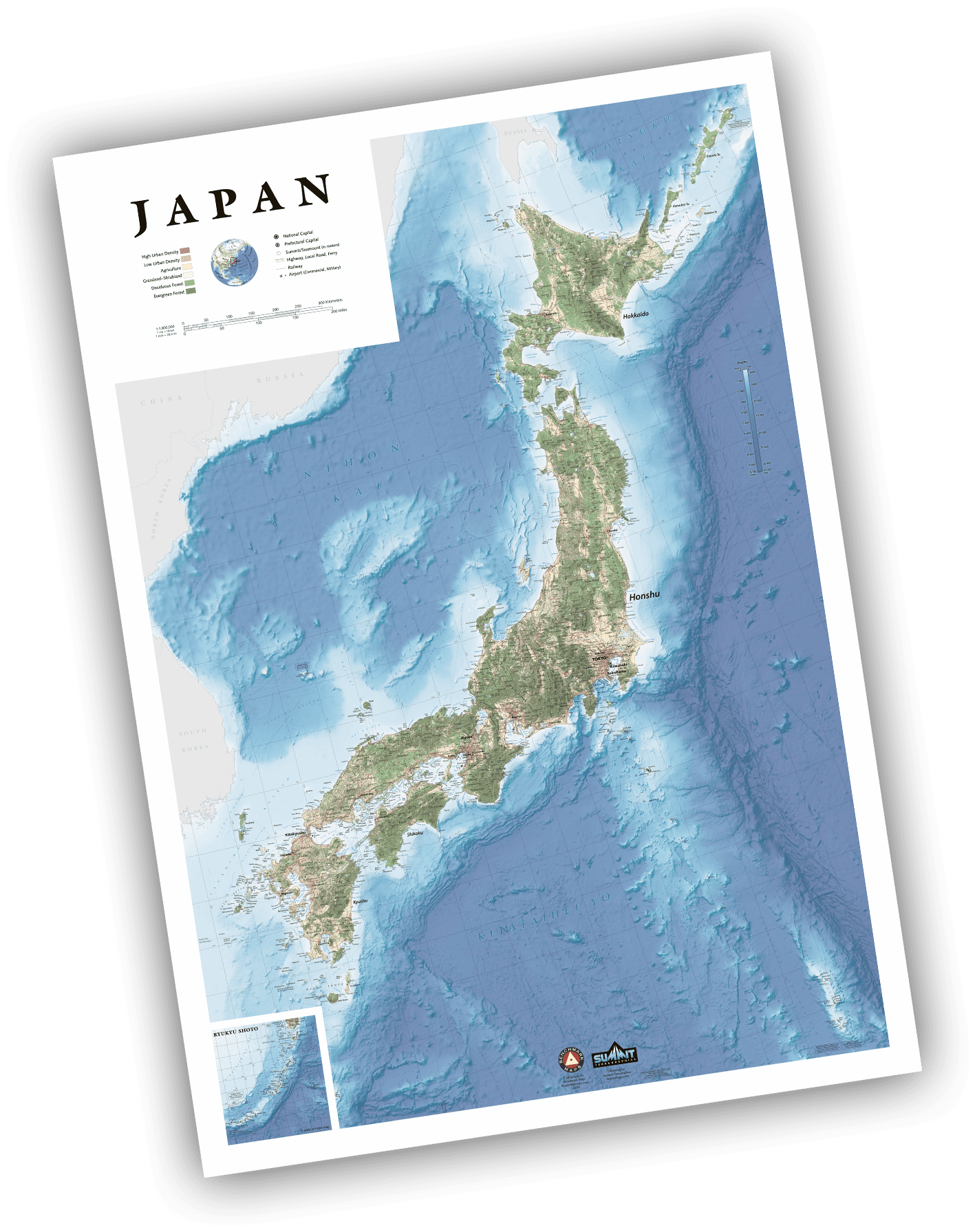 Wall art map of the United States featuring mountain elevations, bodies of water, and city names.