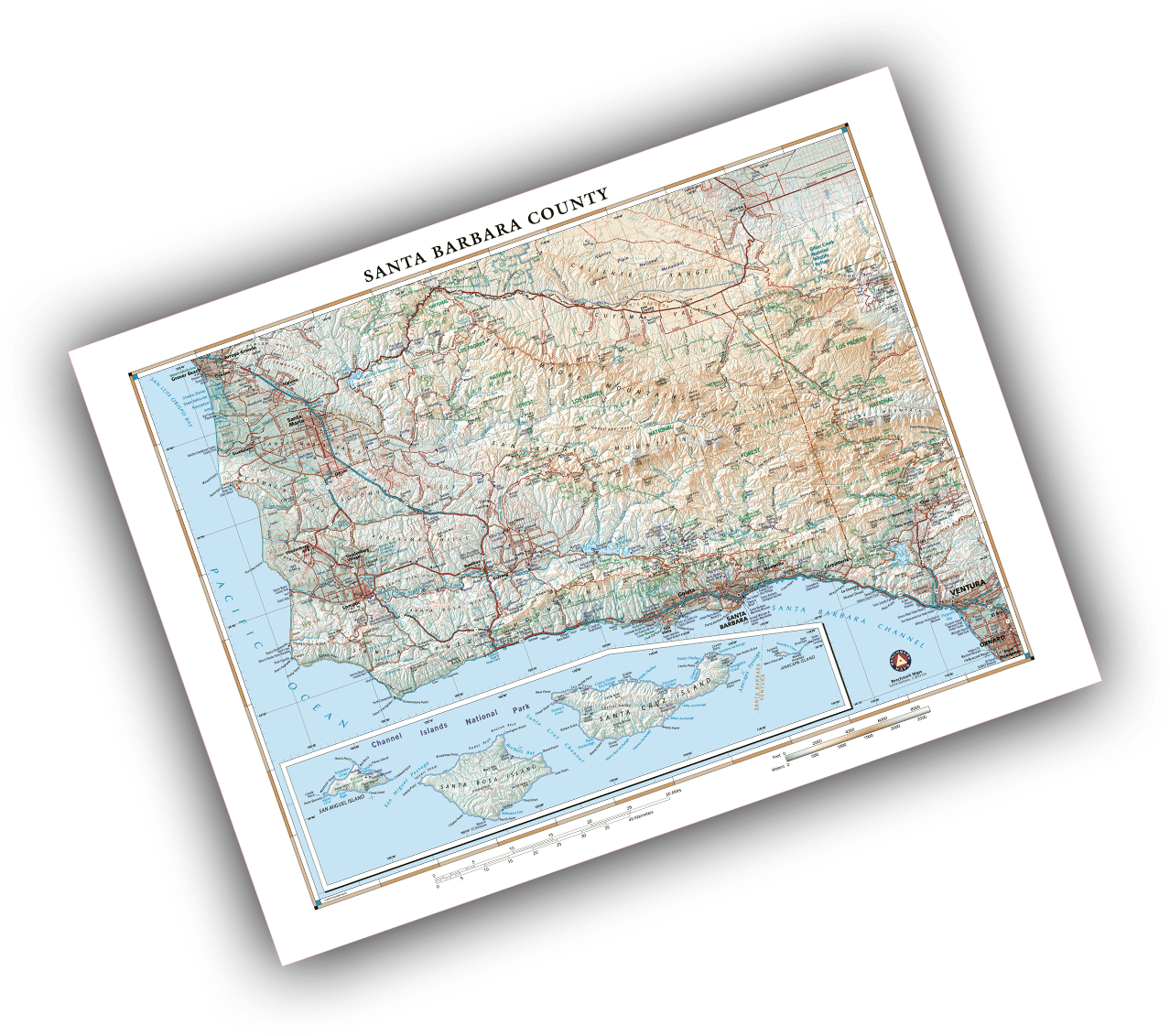 Wall art map of the United States featuring mountain elevations, bodies of water, and city names.