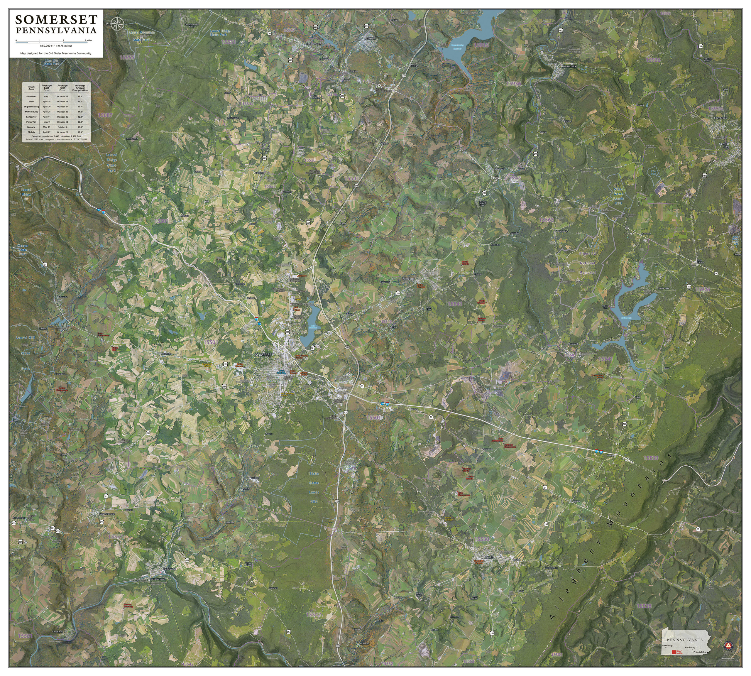 Zip Code map with ariel imagemap of Somerset, Pennsylvania