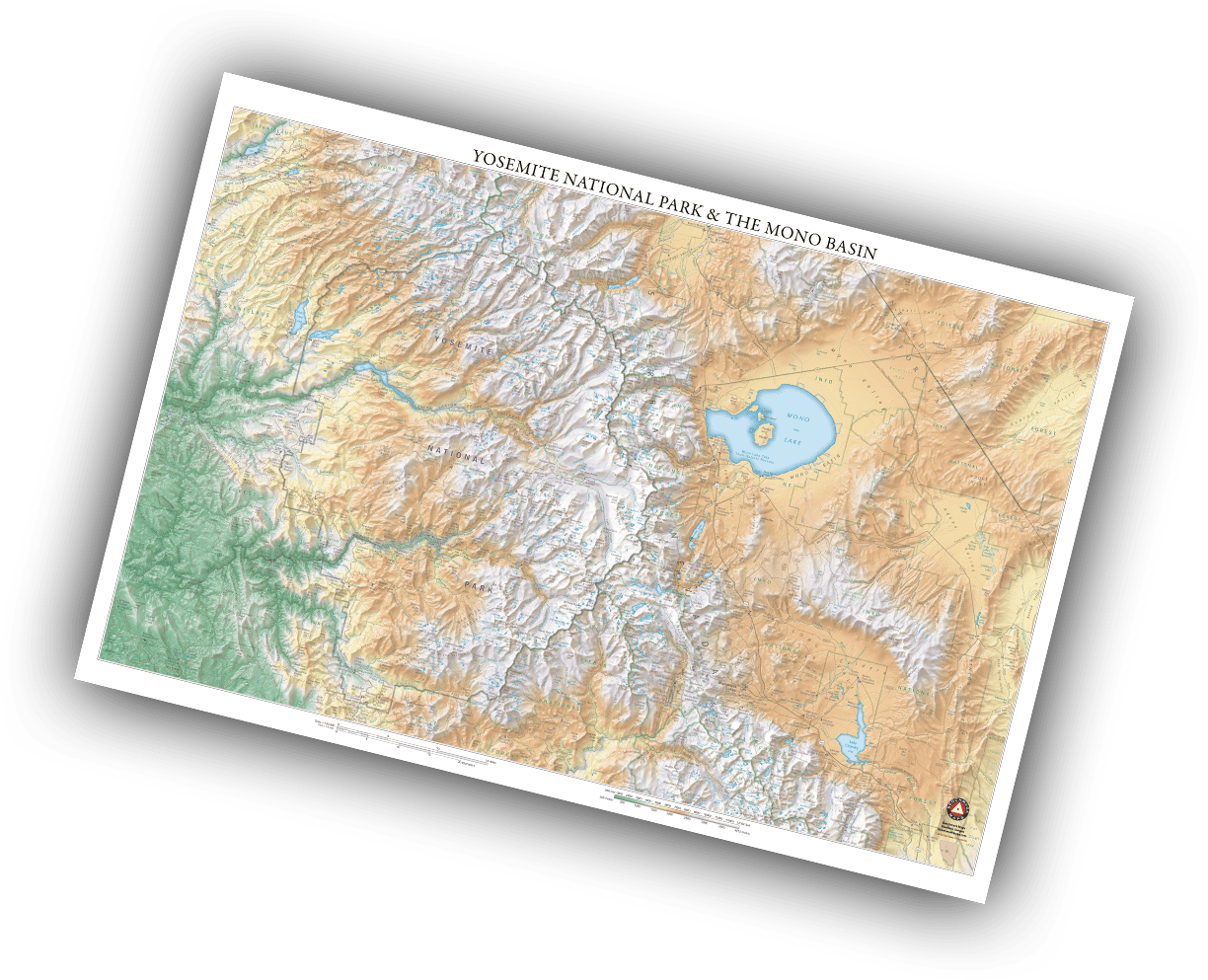 Wall art map of the United States featuring mountain elevations, bodies of water, and city names.